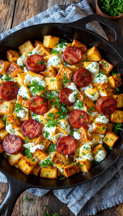 Skillet filled with cheesy ranch potatoes and browned smoked sausage slices