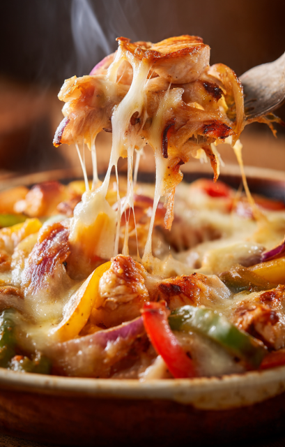 Close-up shot of chicken fajita casserole showing melted cheese and tender peppers