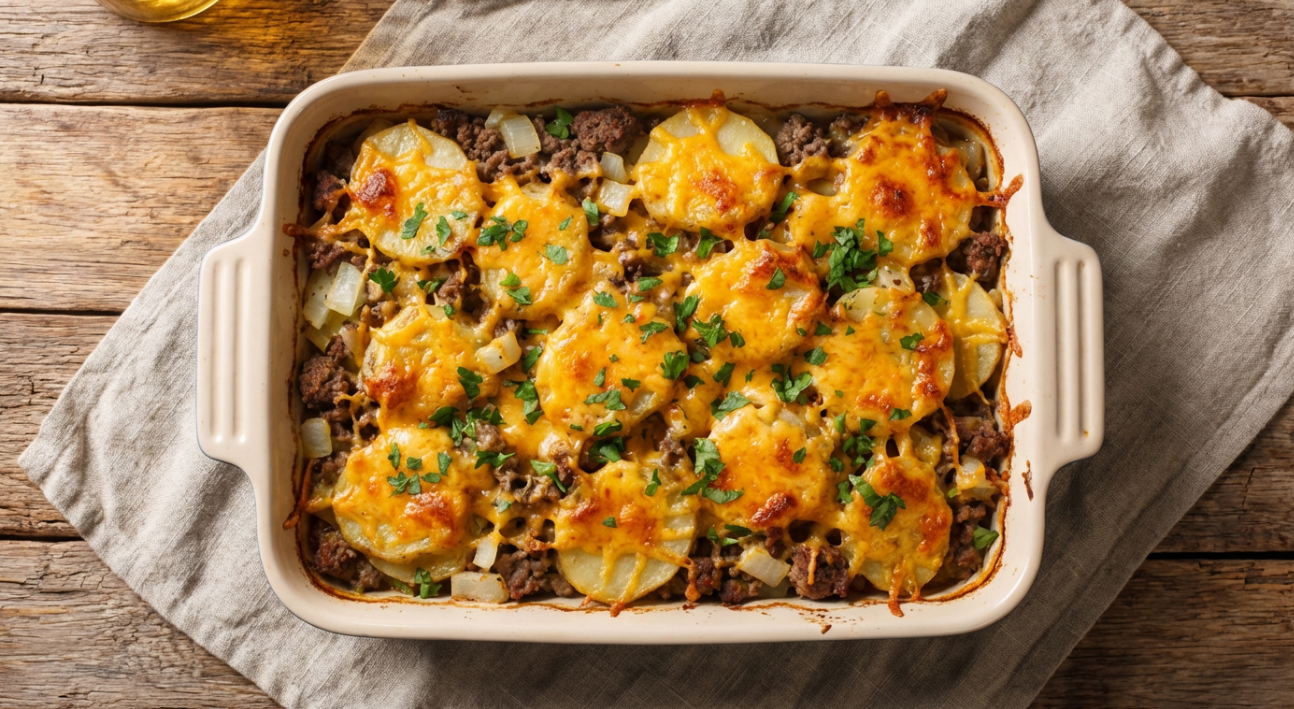 Baking dish filled with layered hobo casserole made with ground beef, potatoes, and cheese