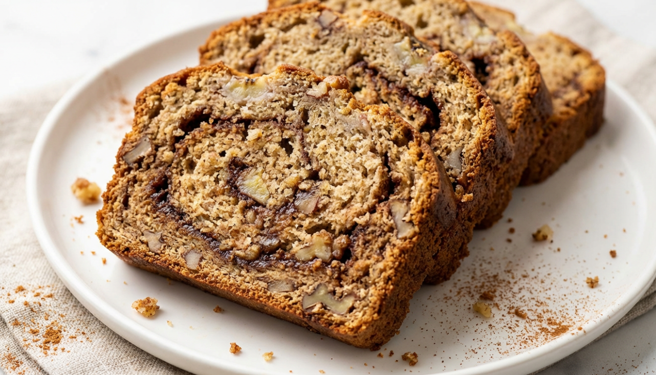 Slices of cinnamon swirl banana bread showing moist texture and cinnamon ribbon