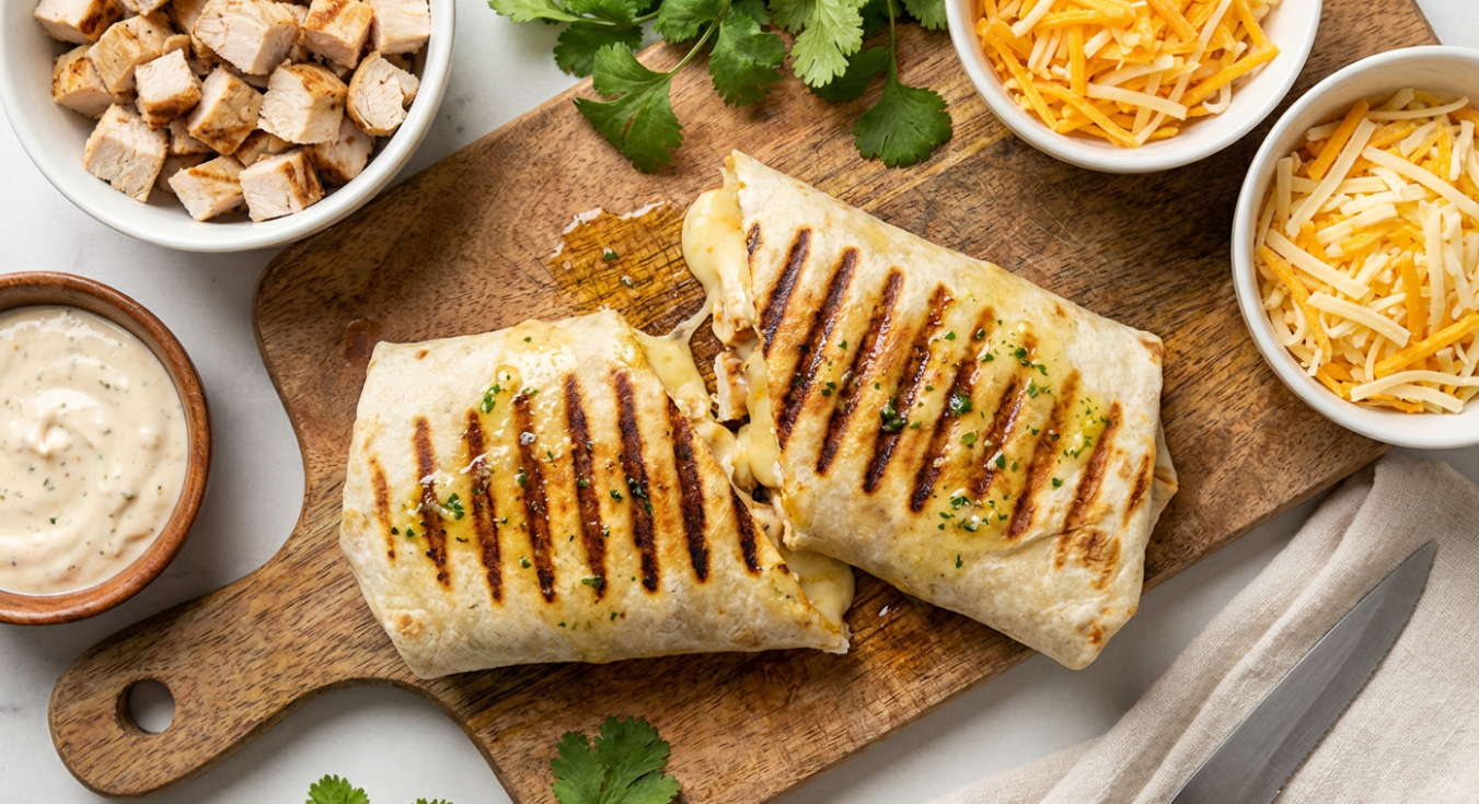 Golden grilled chicken wrap with garlic butter and cheese oozing from the edges