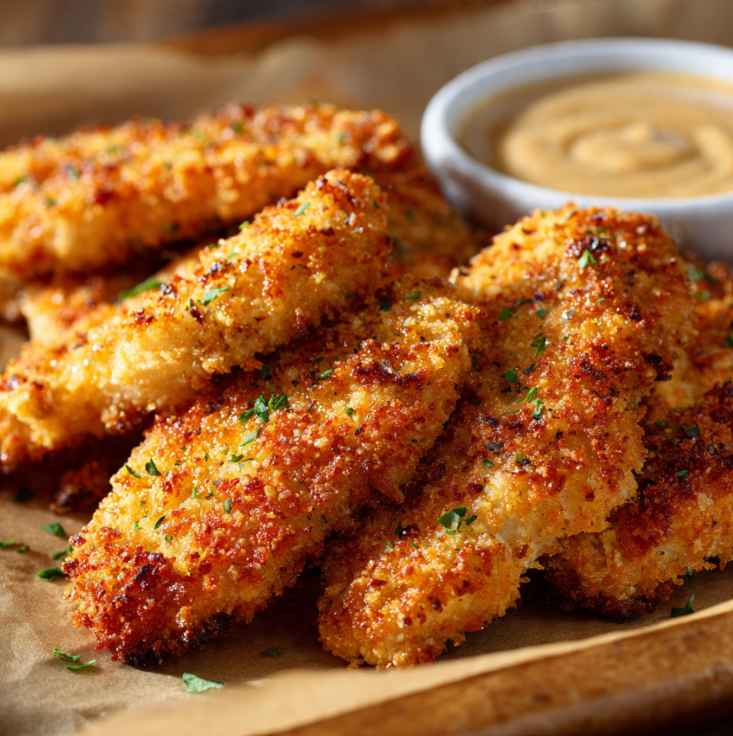 Golden crispy oven-baked chicken tenders arranged on a parchment-lined sheet pan, showing a crunchy breadcrumb coating.