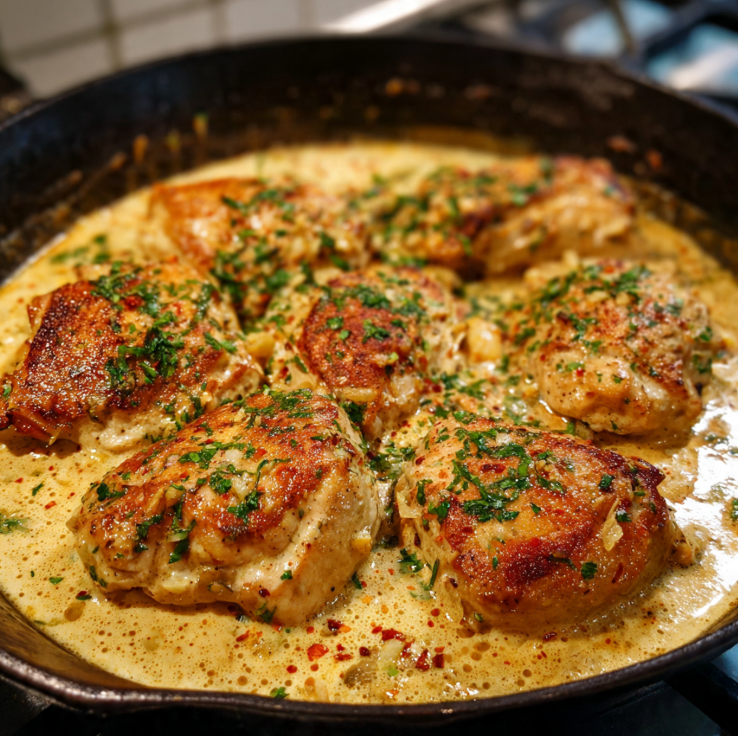 Cream cheese chicken cooked in a rich, creamy sauce in a skillet