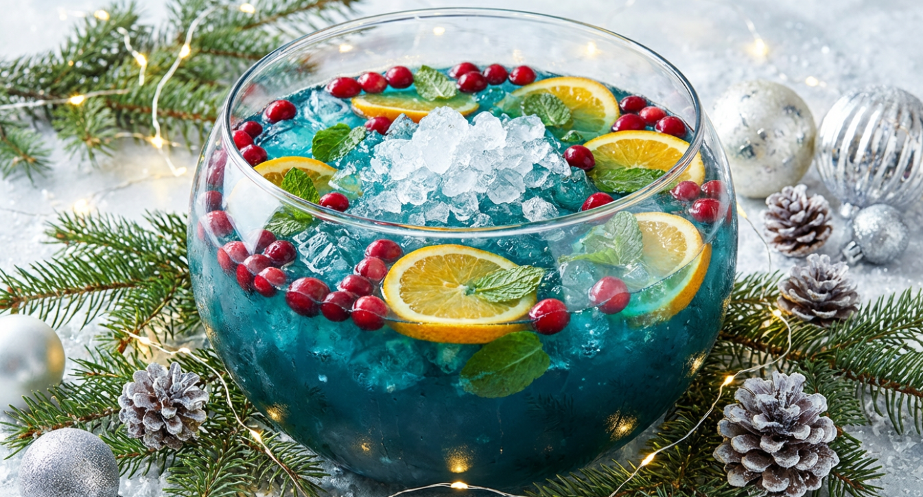 A sparkling Midnight Frost Christmas Punch served in a clear punch bowl with cranberries, citrus slices, and crushed ice.