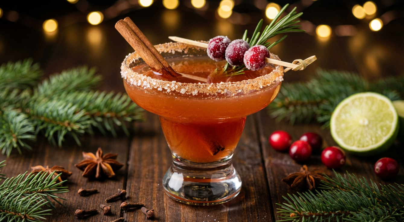 Elegant spiced Christmas margarita in a salt-rimmed glass garnished with cinnamon stick, fresh rosemary, and sugared cranberries on a festive holiday table