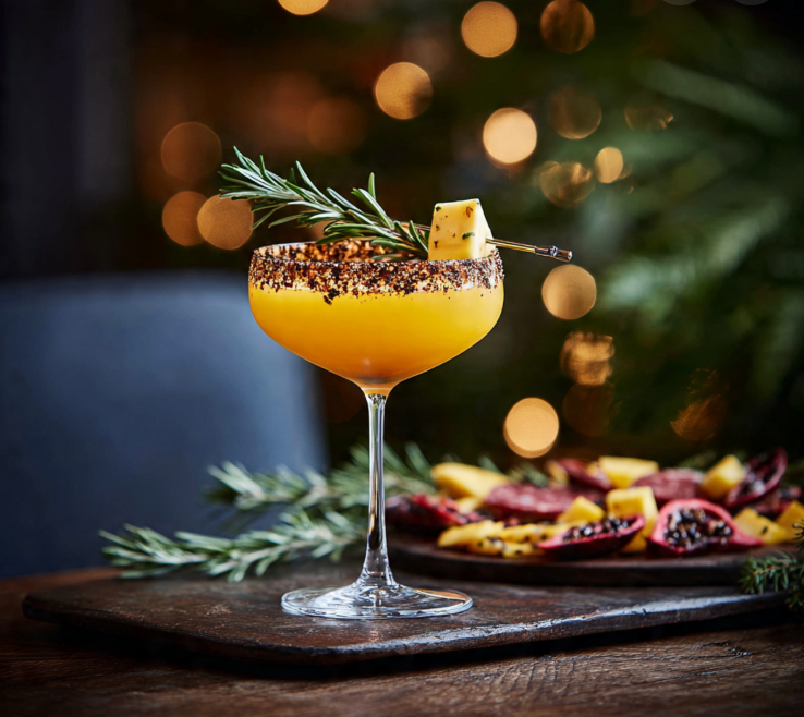 Red Christmas cocktail with sugared rim, rosemary, and cranberries in a festive glass on a holiday table