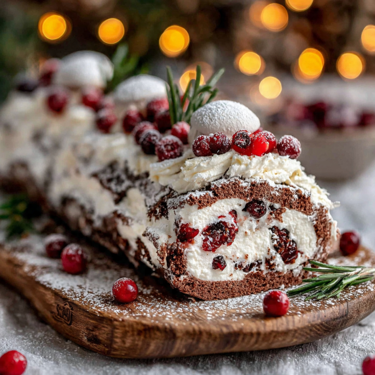 Beautifully decorated chocolate Yule Log Cake (Bûche de Noël) on a rustic wooden serving board, dusted with powdered sugar snow, garnished with rosemary sprigs, fresh cranberries, and meringue mushrooms against a cozy Christmas background with warm bokeh lights