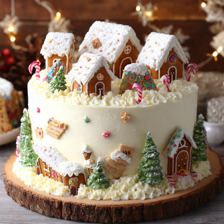 Elaborate gingerbread village cake with miniature houses, snow-covered rooftops, and festive decorations on a wooden serving board