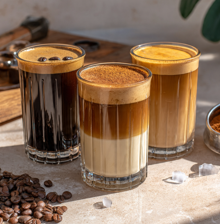 Assortment of three vibrant, healthy coffee smoothies showcasing mocha, vanilla, and fruit flavors on a bright modern surface.
