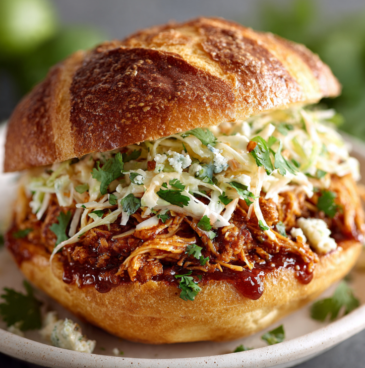 Close-up of classic buffalo chicken slider with blue cheese and celery slaw cross-section