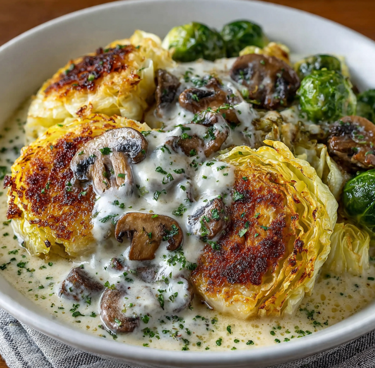 Oven roasted garlic cabbage steaks with mushroom salus sauce on white plate