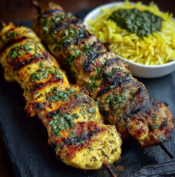 Perfectly grilled chicken kebabs on metal skewers with char marks and fresh herbs