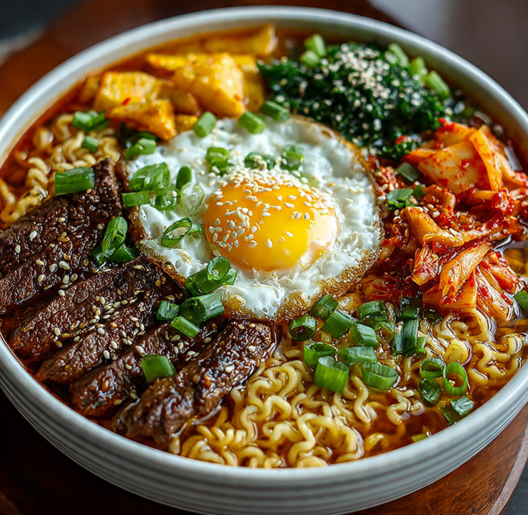 Overhead shot of spicy Korean ramen bowl with grilled beef and creamy sauce