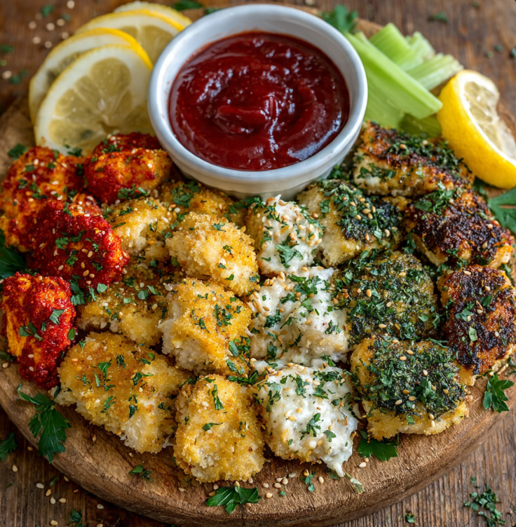 Six varieties of crispy chicken bites on wooden board including buffalo, BBQ, and garlic parmesan