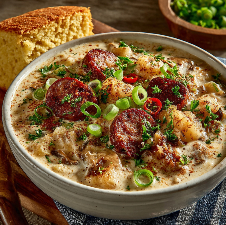 Bowl of creamy Cajun potato soup with andouille sausage and green onions