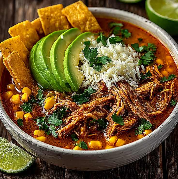 Overhead view of creamy chicken tortilla soup with crispy tortilla strips and avocado