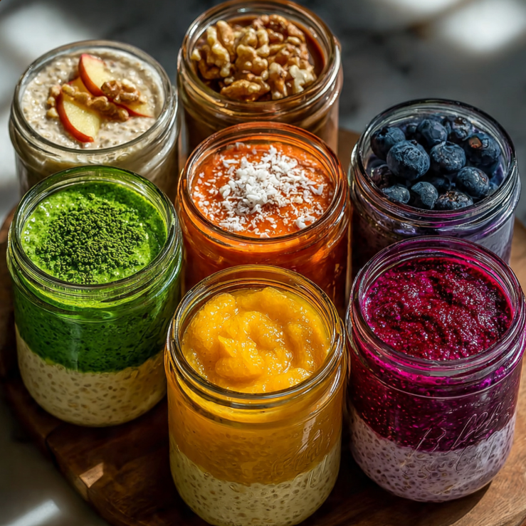 Seven overnight oats varieties in mason jars for healthy kids breakfast
