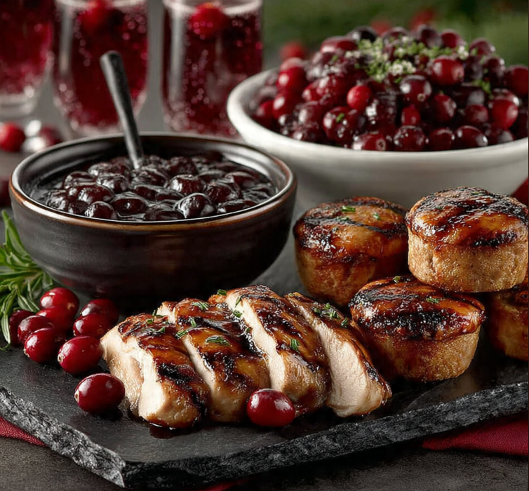 Fresh cranberries with cranberry muffins, BBQ sauce, and glazed chicken