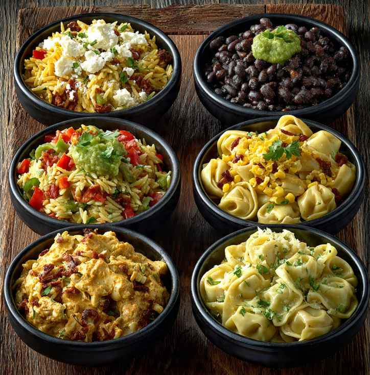 Five pasta salad varieties on wooden board including Mediterranean, Thai peanut, and Southwest