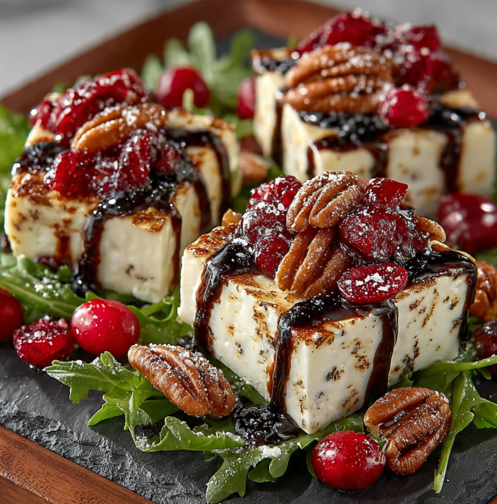 Sophisticated salad featuring peppery arugula, cubed Brie cheese, pecans, and fresh cranberries with balsamic drizzle.