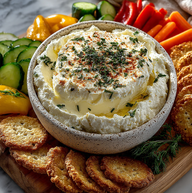 Delicious homemade cream cheese dip garnished with fresh chives and herbs served in a rustic ceramic bowl with crackers and vegetables for dipping