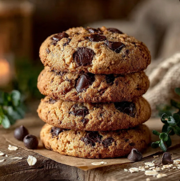 Stack of freshly baked homemade chocolate chip cookies with melted chocolate chunks on parchment paper showing golden edges and chewy centers