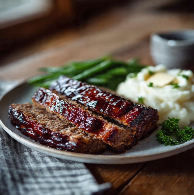 Golden-brown homemade meatloaf topped with shiny caramelized ketchup glaze, sliced to reveal juicy interior, served on white plate with mashed potatoes and green beans