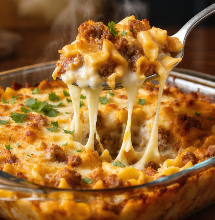 A large scoop of cheesy beef noodle casserole being lifted from a glass baking dish.