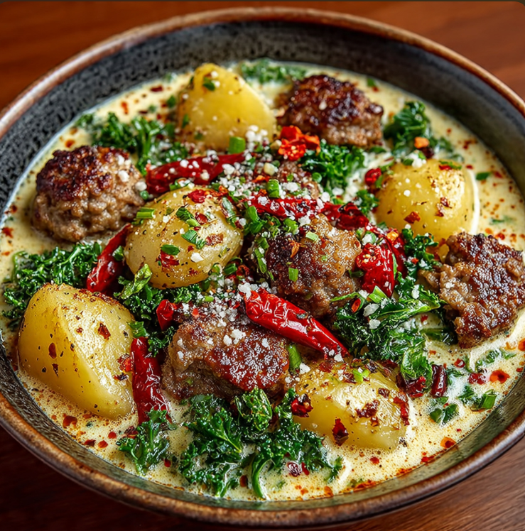 A white bowl filled with creamy potato soup, browned Italian sausage, and fresh kale.