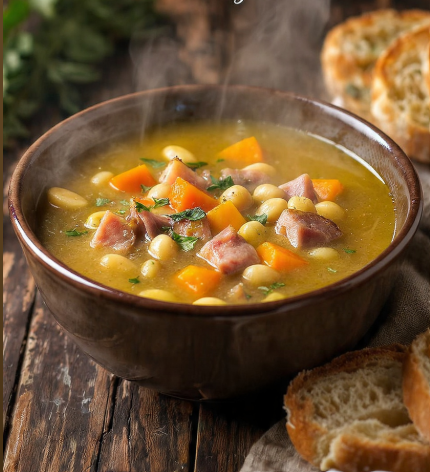 Steaming bowl of classic ham and bean soup showing creamy golden broth, tender navy beans, chunks of ham, and diced vegetables, served with crusty bread and fresh parsley garnish on wooden table