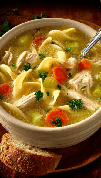 Steaming bowl of homemade chicken noodle soup showing tender egg noodles, shredded chicken pieces, carrots, and celery in golden broth with fresh parsley garnish and crusty bread on wooden table