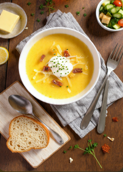 Overhead table setting showing steaming loaded baked potato soup bowl with bacon and cheese, crusty bread on wooden plate, fresh green salad in white bowl, and red wine glass on rustic dining table