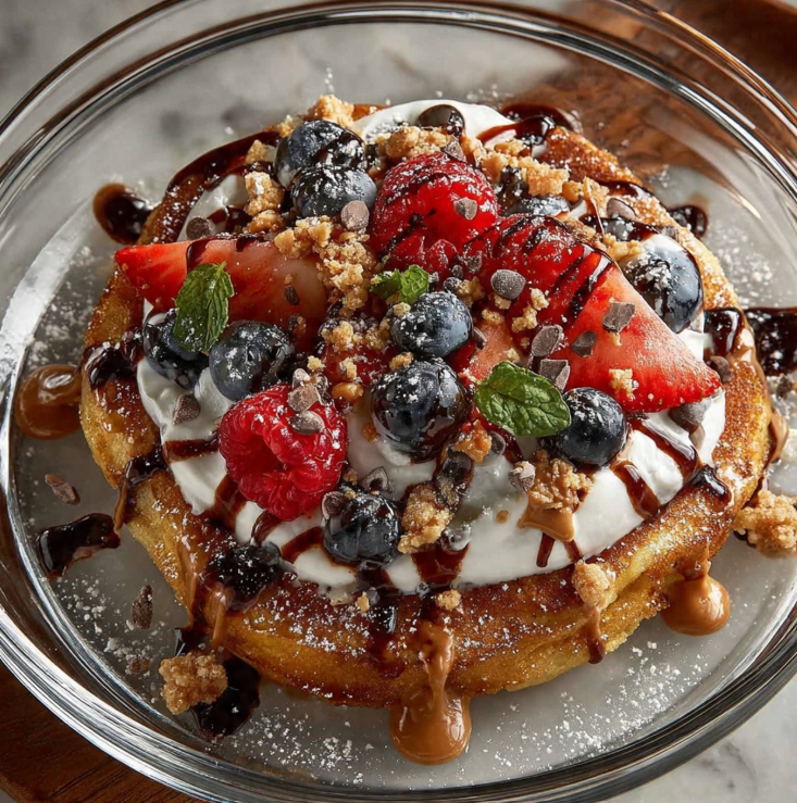 Overhead view of baked protein pancake bowl topped with creamy Greek yogurt, fresh blueberries and raspberries, granola clusters, almond butter drizzle, chocolate chips, and fresh mint leaf on white ceramic bowl with wooden spoon