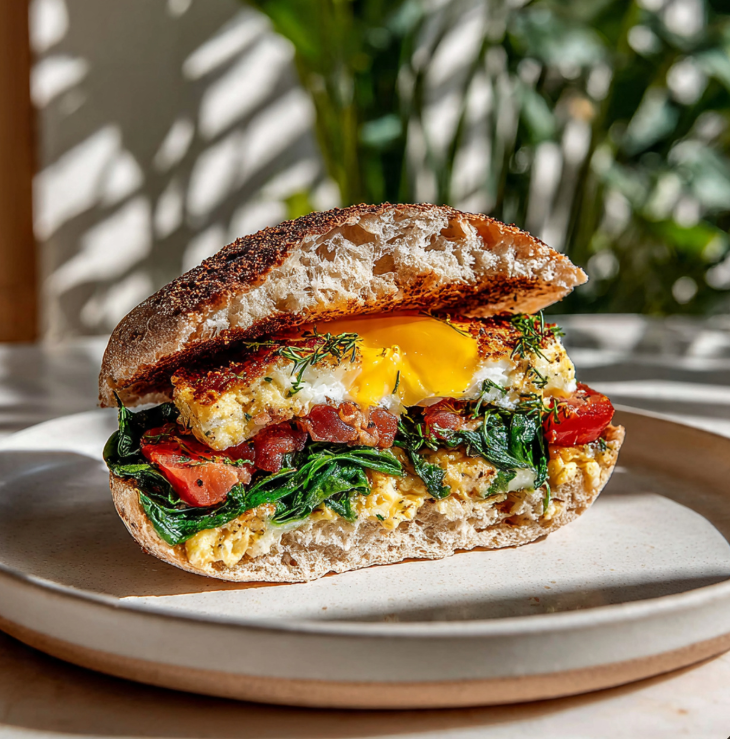 Halved breakfast sandwich showing layers of toasted bread, fried egg with runny yolk, crispy bacon, melted cheese, fresh spinach, tomato slices, and red onion on white ceramic plate with side of fresh fruit