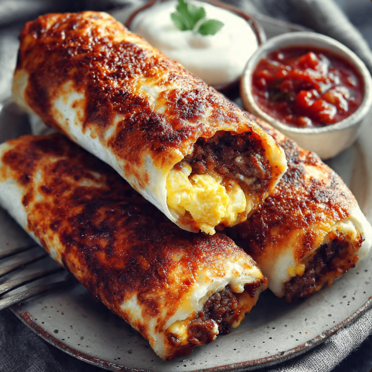 Make-ahead breakfast burritos stacked on a plate with salsa, ideal for freezer meal prep and quick weekday breakfasts