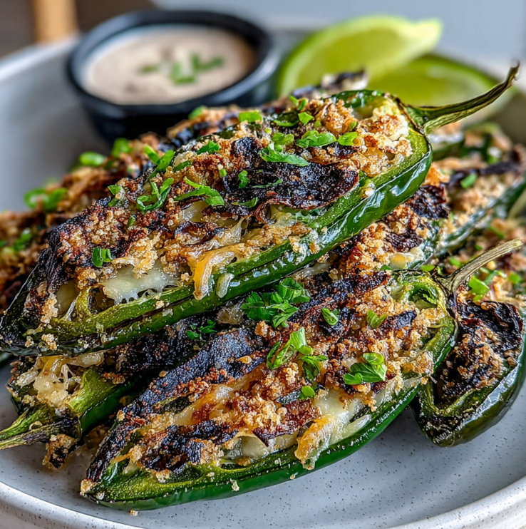 Crispy jalapeño poppers stuffed with cream cheese and cheddar on a plate with dipping sauce