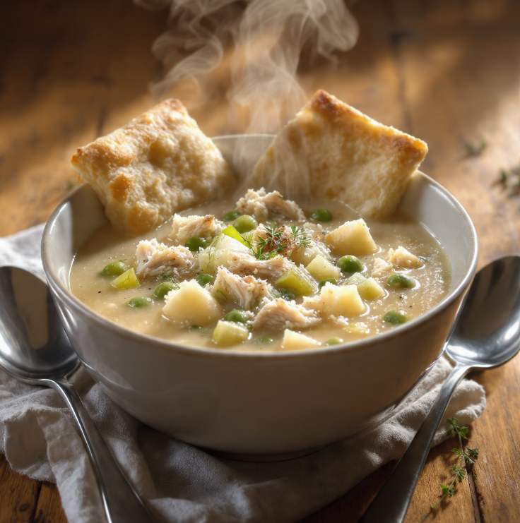 Creamy chicken pot pie soup in a bowl with chicken, carrots, peas, and potatoes topped with flaky puff pastry