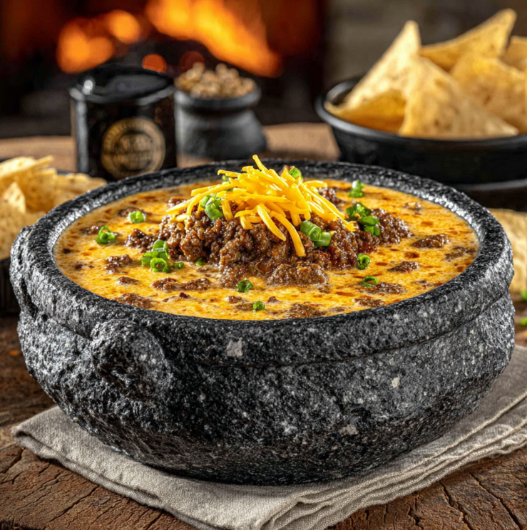 Creamy cowboy soup in a bowl with ground beef, potatoes, beans, corn, and cheesy broth topped with green onions