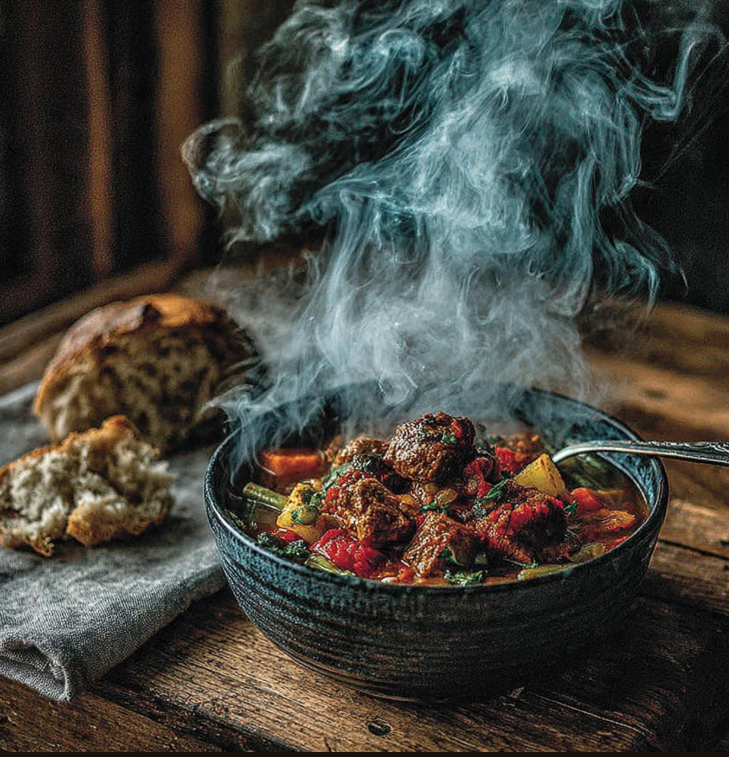 Old-fashioned vegetable beef soup in a bowl with tender beef, carrots, potatoes, and rich tomato beef broth
