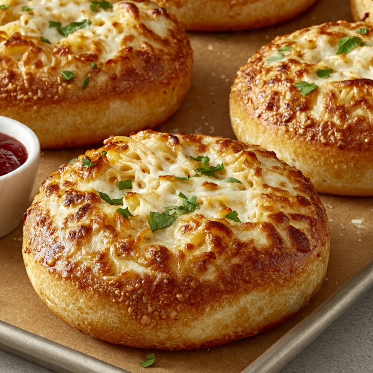 Spaghetti garlic bread bowls filled with marinara spaghetti and melted mozzarella on a baking sheet