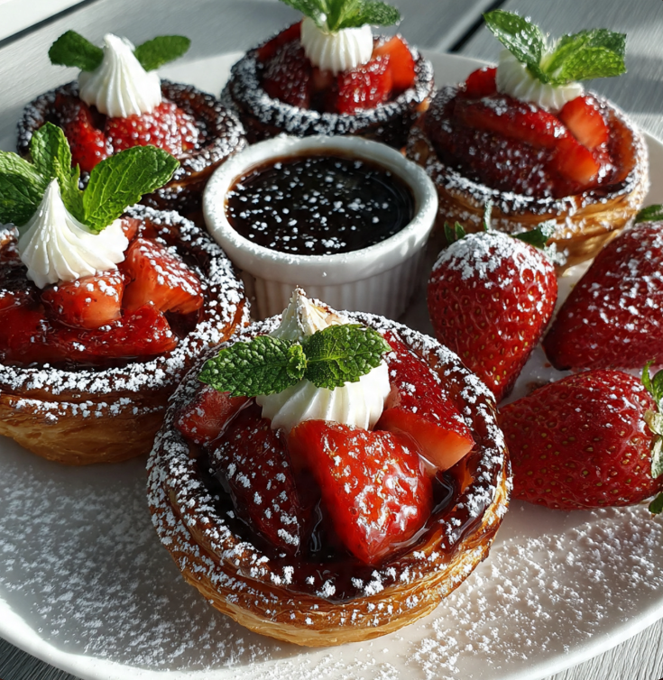 Golden puff pastry strawberry baskets filled with juicy strawberries and creamy cheese, perfect for a summer dessert – Strawberry Baskets Recipe