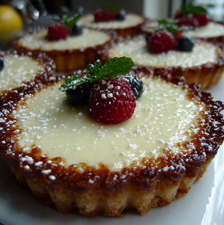 Mini lemon tarts with buttery crust and creamy lemon filling topped with berries and powdered sugar
