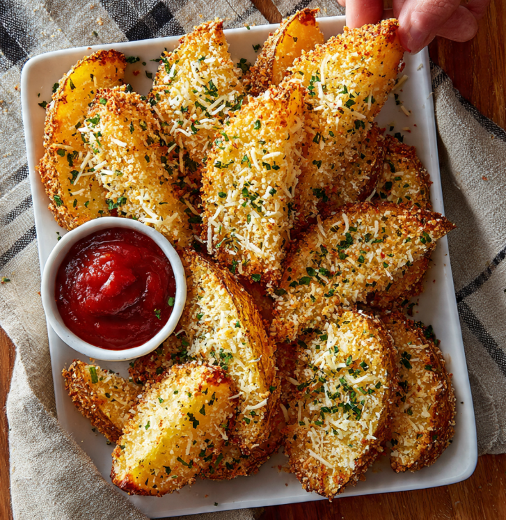 A rectangular serving platter of garlic parmesan wedges next to a small bowl of red marinara sauce.