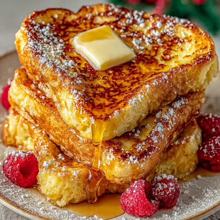 A tall stack of golden Crème Brûlée French Toast topped with cracked caramelized sugar, powdered sugar, and fresh raspberries on a white ceramic plate.