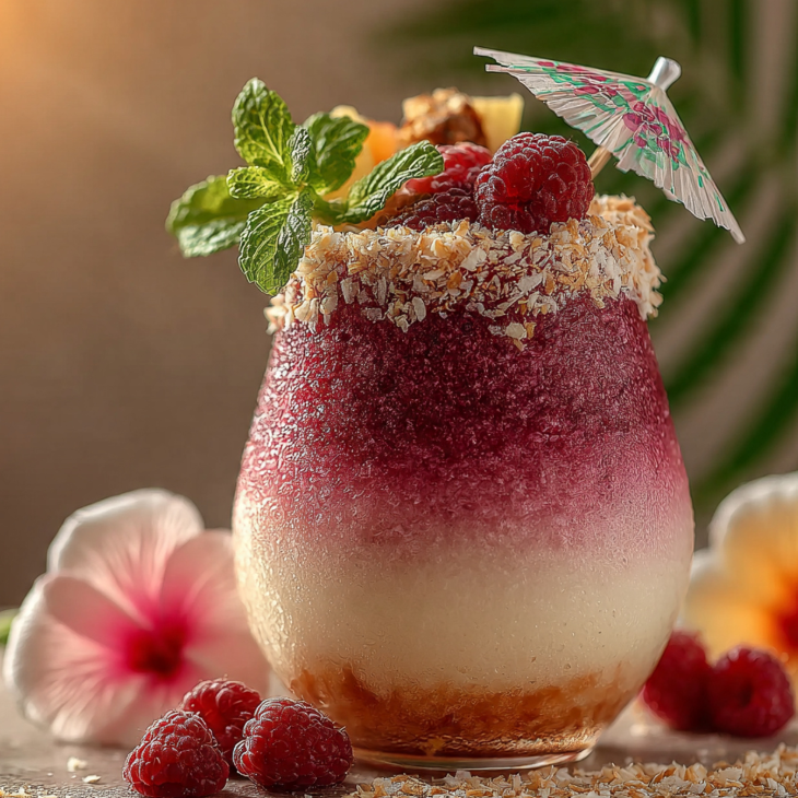 Fresh raspberry colada cocktail in hurricane glass with pineapple garnish, coconut rim, and mint leaves on tropical wooden surface