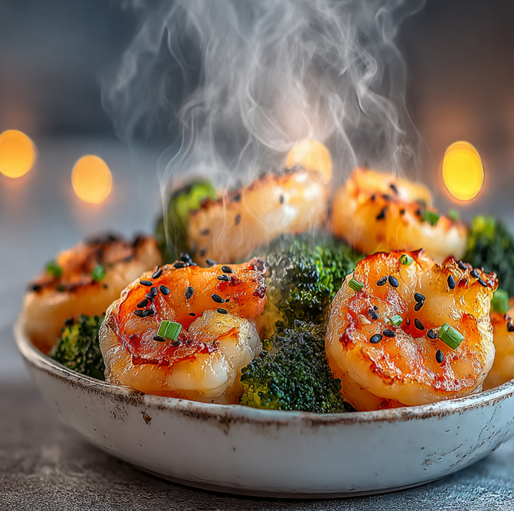 Vibrant shrimp and broccoli stir fry in white bowl with sesame seeds, chopsticks, steaming hot with visible sauce glaze