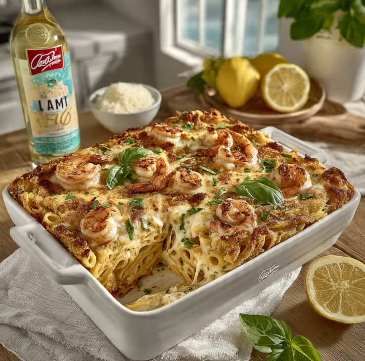 Bubbling shrimp scampi pasta bake in white ceramic dish with golden breadcrumb topping, visible jumbo shrimp, melted cheese, and fresh herbs