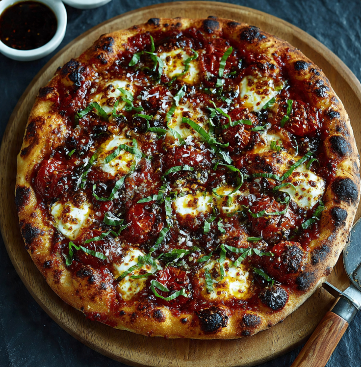 Artisan Margherita pizza with torn burrata cheese, fresh basil leaves, and vibrant green basil oil drizzle on charred Neapolitan crust