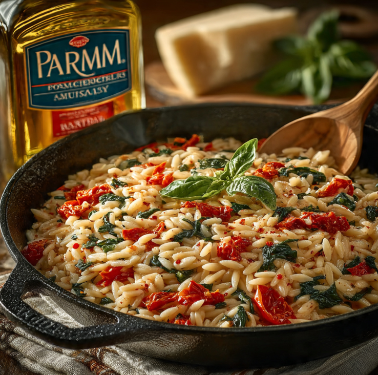 Creamy one-pan orzo dinner with chicken, spinach, sun-dried tomatoes, and Parmesan cheese in cast iron skillet with wooden spoon