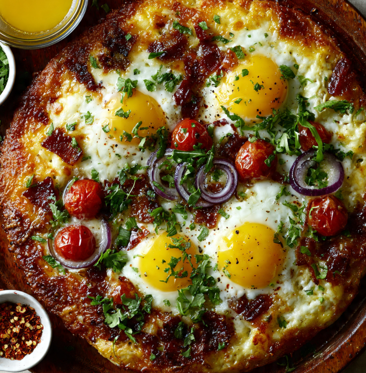 Whole breakfast pizza with sunny-side-up eggs, crispy pancetta cubes, melted cheese, cherry tomatoes, and fresh herbs on wooden board